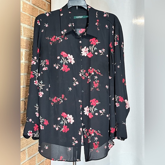 Lauren Ralph Lauren Tops - Lauren Ralph Lauren dark Floral Sheer Blouse 1X Black Gold Button Top